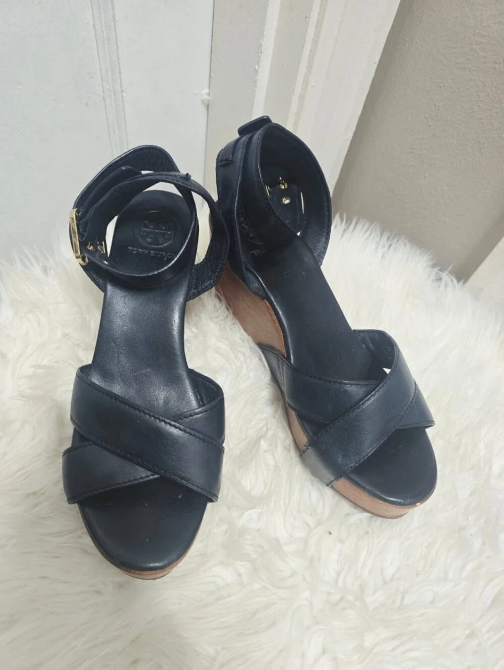 Tory Burch Almita Black Leather Ankle Strap Platform Wedge Sandals size 8.5M